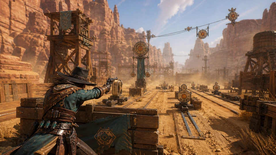 Physical in-world kit representing quickdraw hero, moving targets, cover, and desert lanes, arranged coherently in the same visual direction