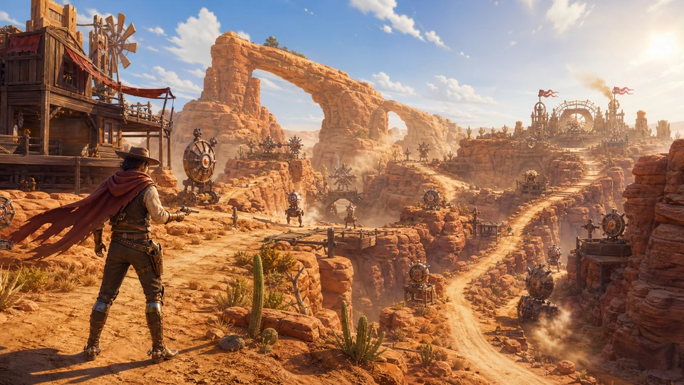Wide final scene showing start, escalation, route choices, and finish for the Unity Desert Quickshot prototype