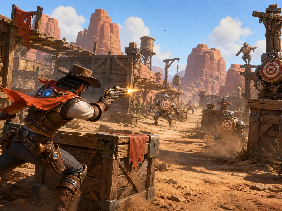 Wide three-quarter 3D gameplay scene of quickdraw hero, moving targets, cover, and desert lanes in a coherent stylized sunlit desert frontier with an original quickdraw hero, wooden outpost, moving mechanical targets, sandstone cliffs, dust trails, and heat haze world, no interface