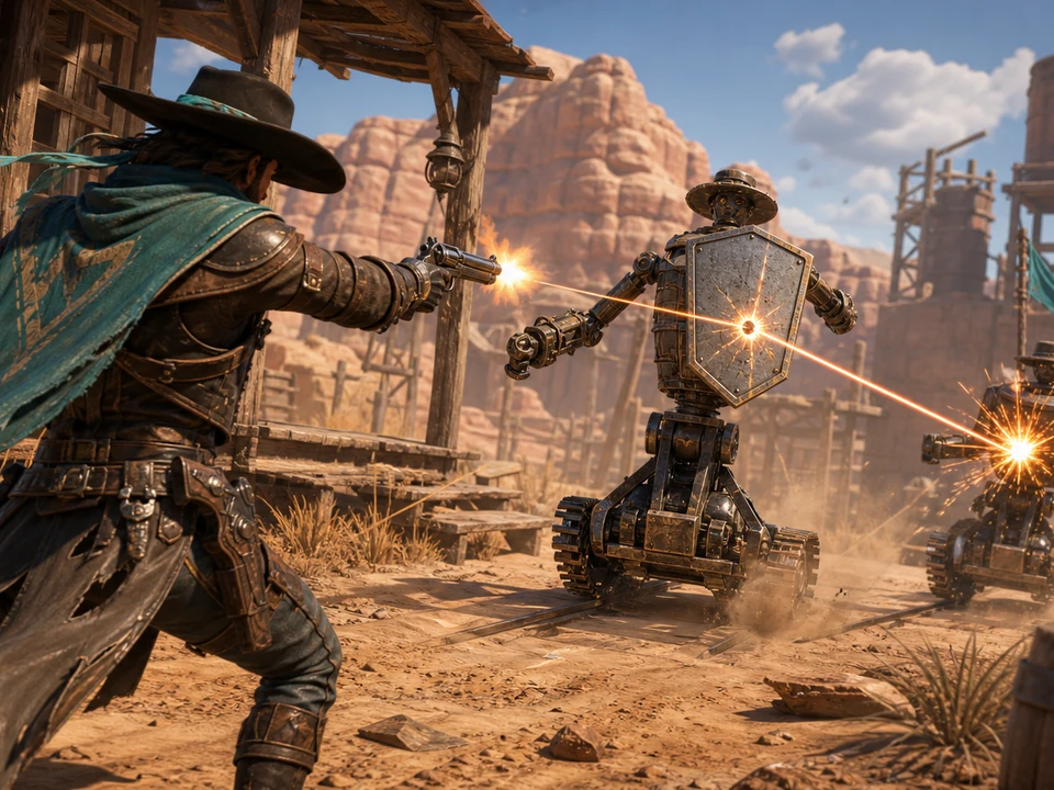 Action moment showing duel timing, target motion, and ricochet feedback resolving clearly in the same stylized sunlit desert frontier with an original quickdraw hero, wooden outpost, moving mechanical targets, sandstone cliffs, dust trails, and heat haze world, no text