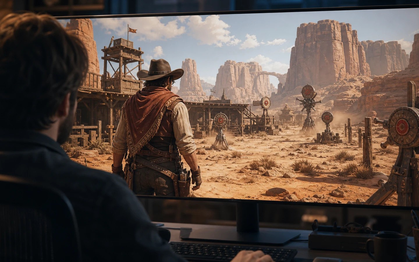 Over-the-shoulder game creator reviewing the original Unity Desert Quickshot scene in a professional game workspace on a large monitor, scene viewport dominant, tool controls abstract and unreadable