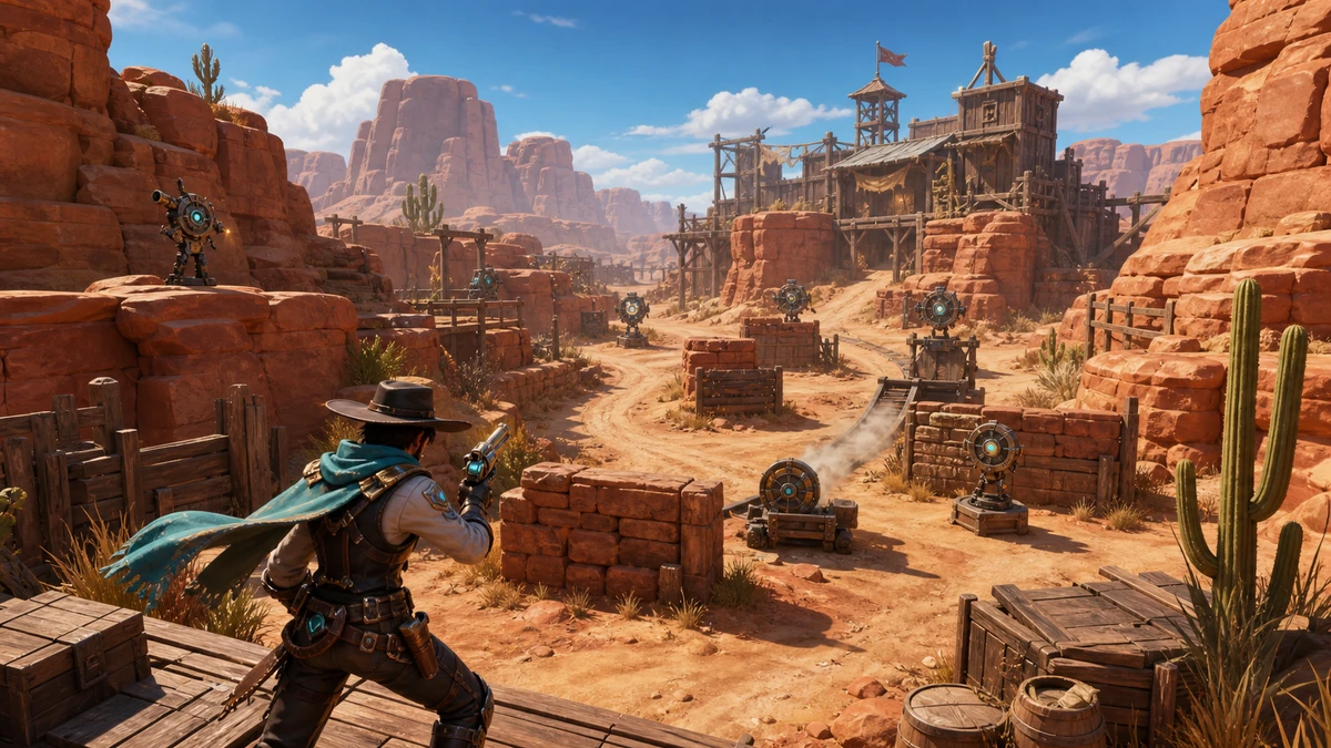 Clear playable layout showing quickdraw hero, moving targets, cover, and desert lanes with readable spacing, camera, and route in the same world