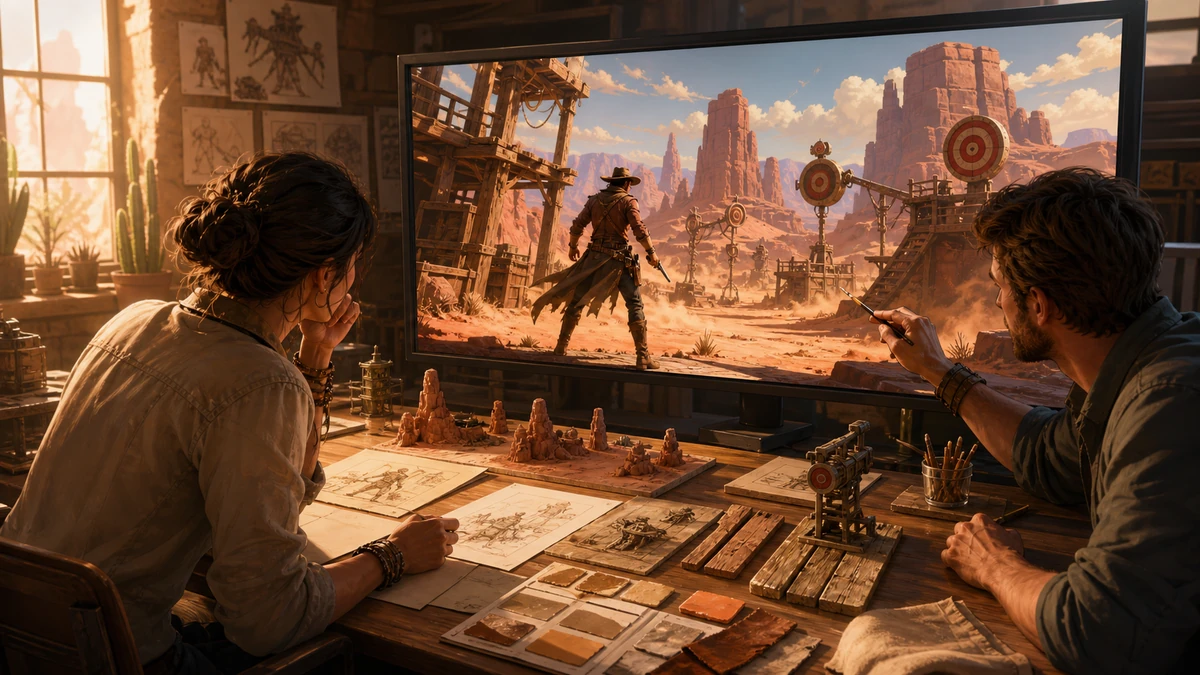 Two game creators reviewing physical design references and the original Unity Desert Quickshot scene on a monitor, no readable labels