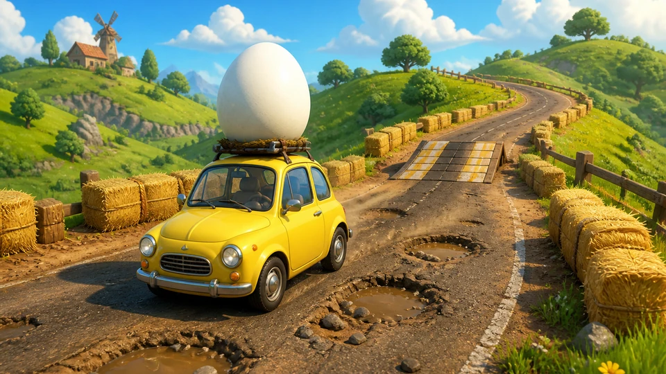 Physical in-world kit representing yellow car, roof egg, road slopes, potholes, and soft barriers, arranged coherently in the same visual direction