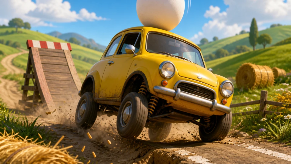 Close action view showing feedback from egg wobble, suspension movement, ramps, and sudden road changes with material and motion detail