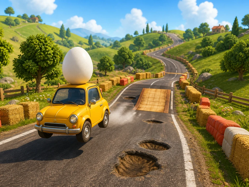 Wide three-quarter 3D gameplay scene of yellow car, roof egg, road slopes, potholes, and soft barriers in a coherent playful stylized countryside road with a compact yellow car, a large fragile white egg balanced on its roof, ramps, potholes, hay bales, and sunny hills world, no interface