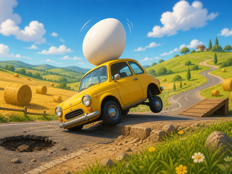 Action moment showing egg wobble, suspension movement, ramps, and sudden road changes resolving clearly in the same playful stylized countryside road with a compact yellow car, a large fragile white egg balanced on its roof, ramps, potholes, hay bales, and sunny hills world, no text