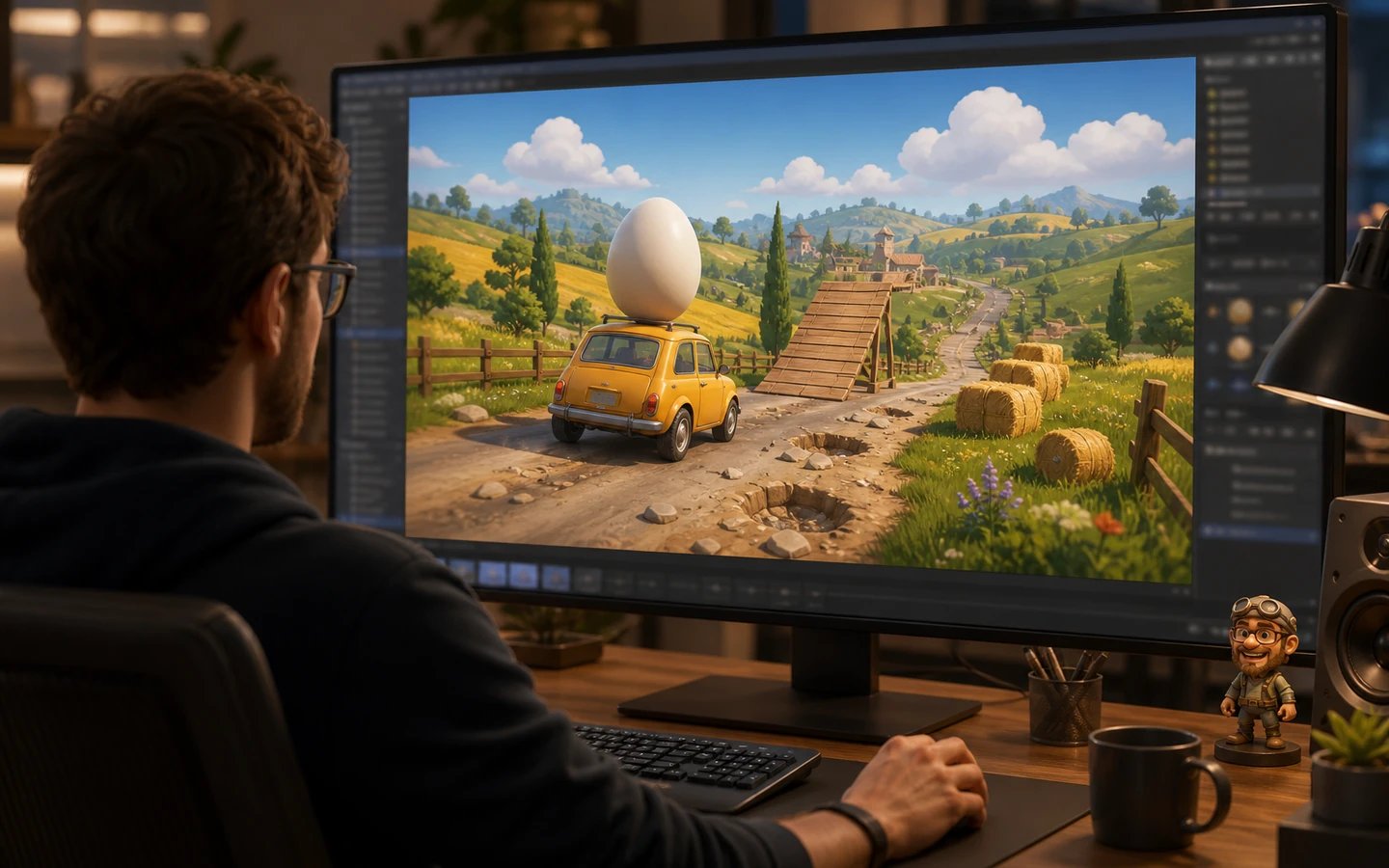Over-the-shoulder game creator reviewing the original Unity Egg on the Car Roof Challenge scene in a professional game workspace on a large monitor, scene viewport dominant, tool controls abstract and unreadable