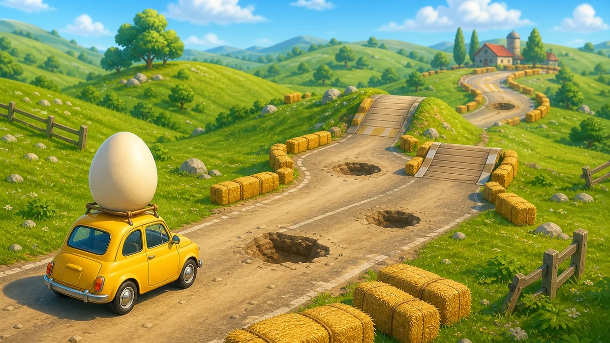 Clear playable layout showing yellow car, roof egg, road slopes, potholes, and soft barriers with readable spacing, camera, and route in the same world