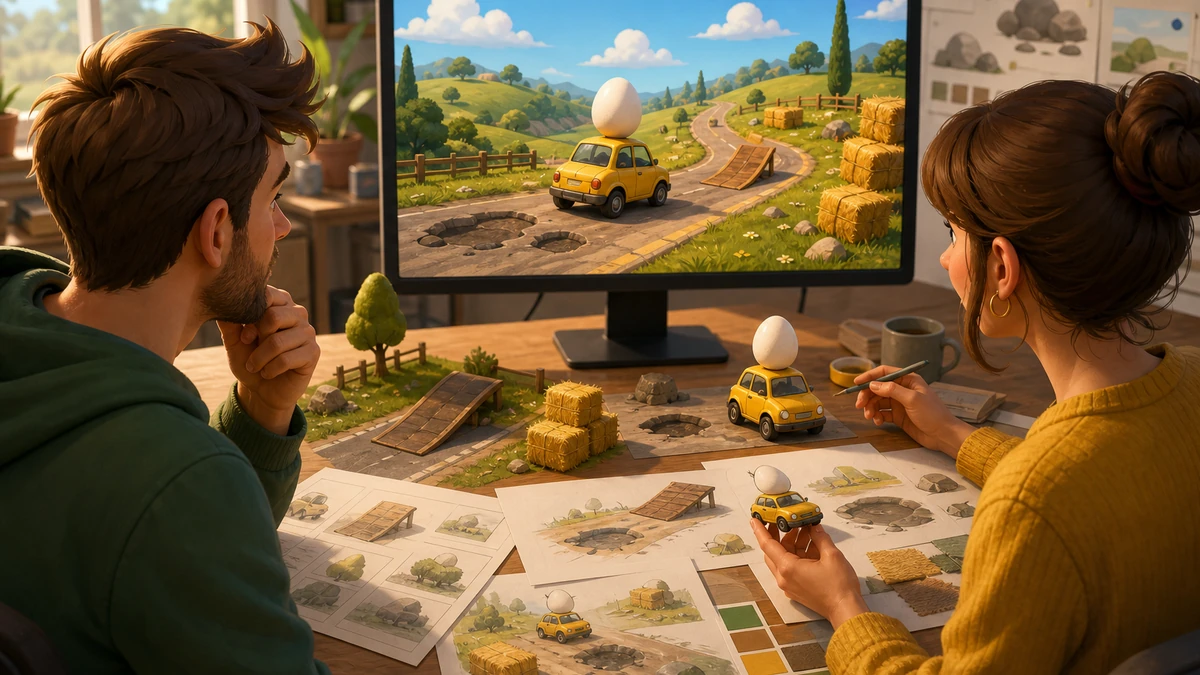 Two game creators reviewing physical design references and the original Unity Egg on the Car Roof Challenge scene on a monitor, no readable labels