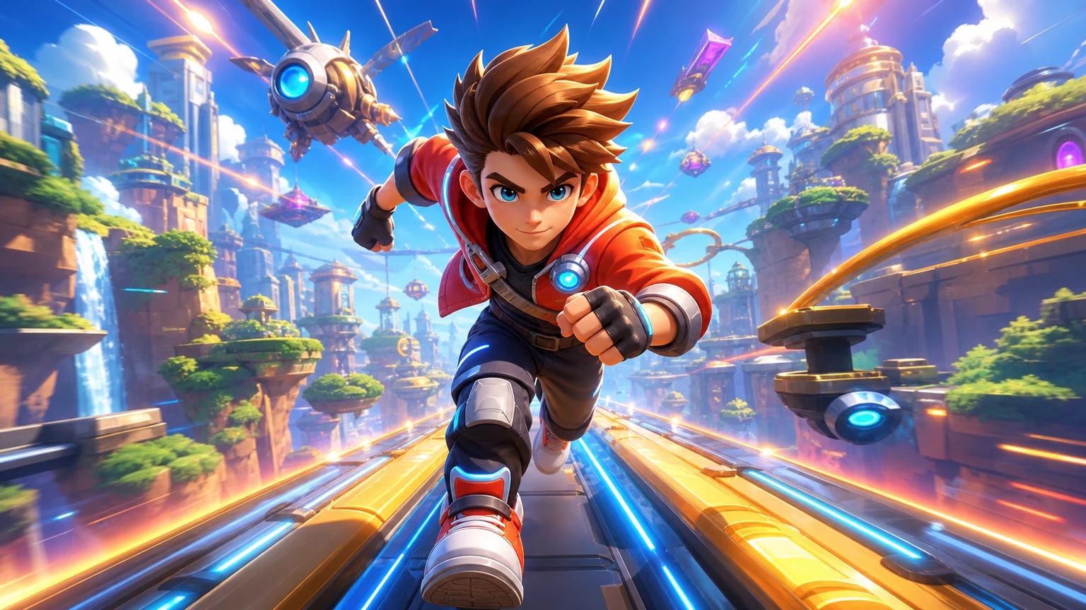 Stylized runner sprinting forward on a bright futuristic multi-rail track