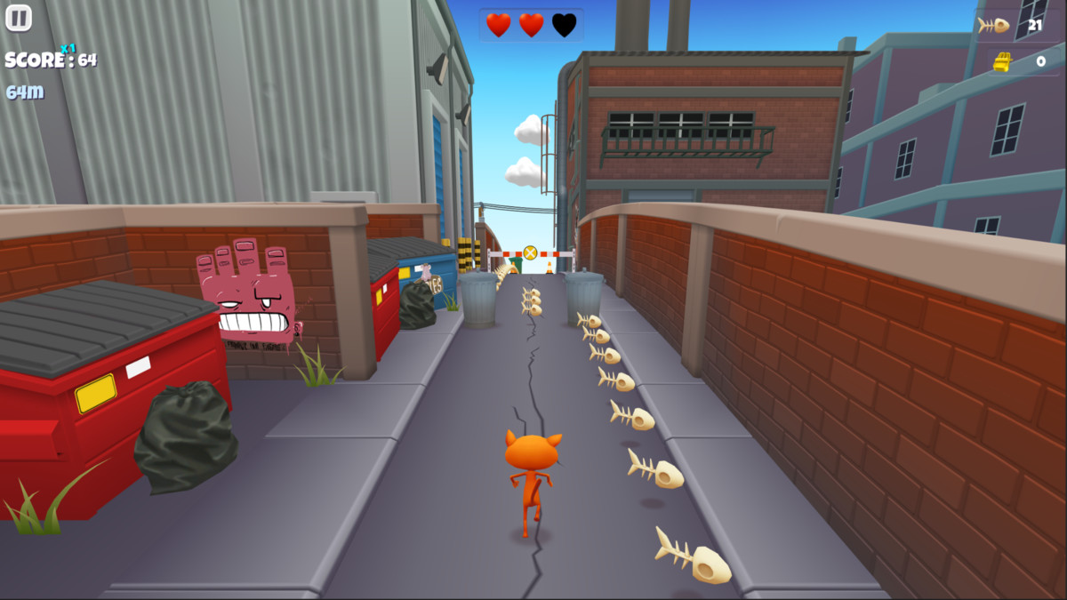 Unity Trash Dash endless-runner gameplay showing a runner on a forward alley track, fish collectibles, trash-can obstacles, and score UI