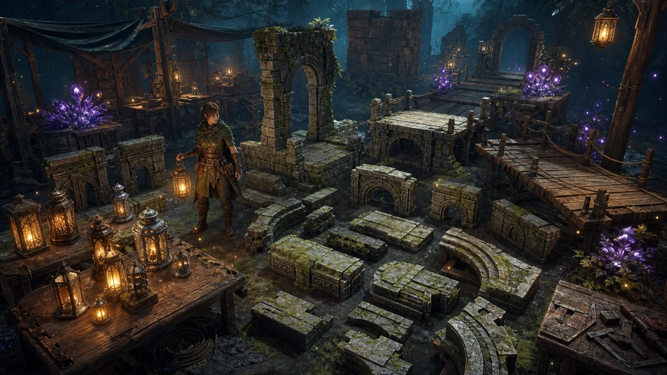 Modular fantasy ruins bridge pieces glowing plants and lantern props