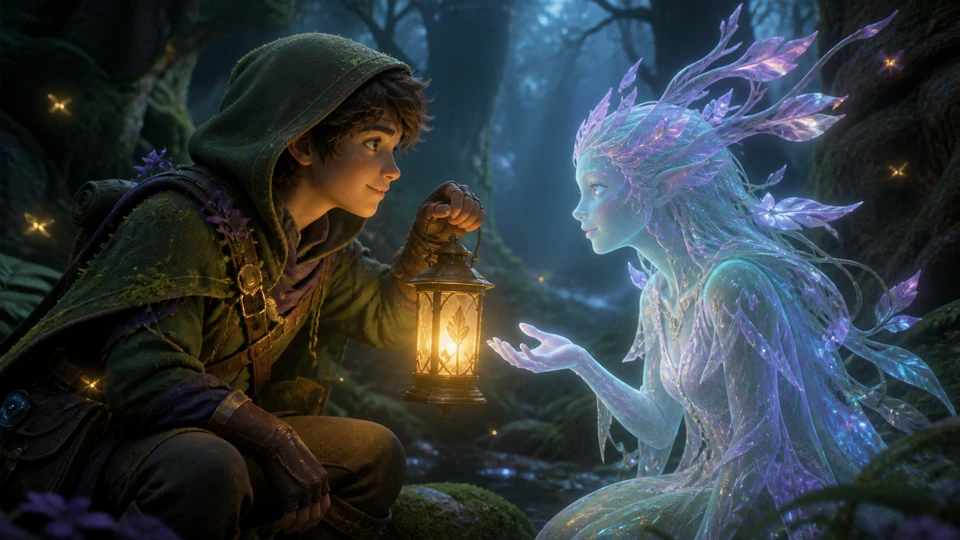 Lantern-bearing ranger interacting with a gentle luminous forest spirit