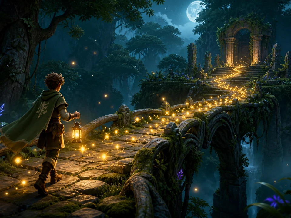 Lantern-bearing ranger crossing an ancient forest bridge along a magical firefly trail