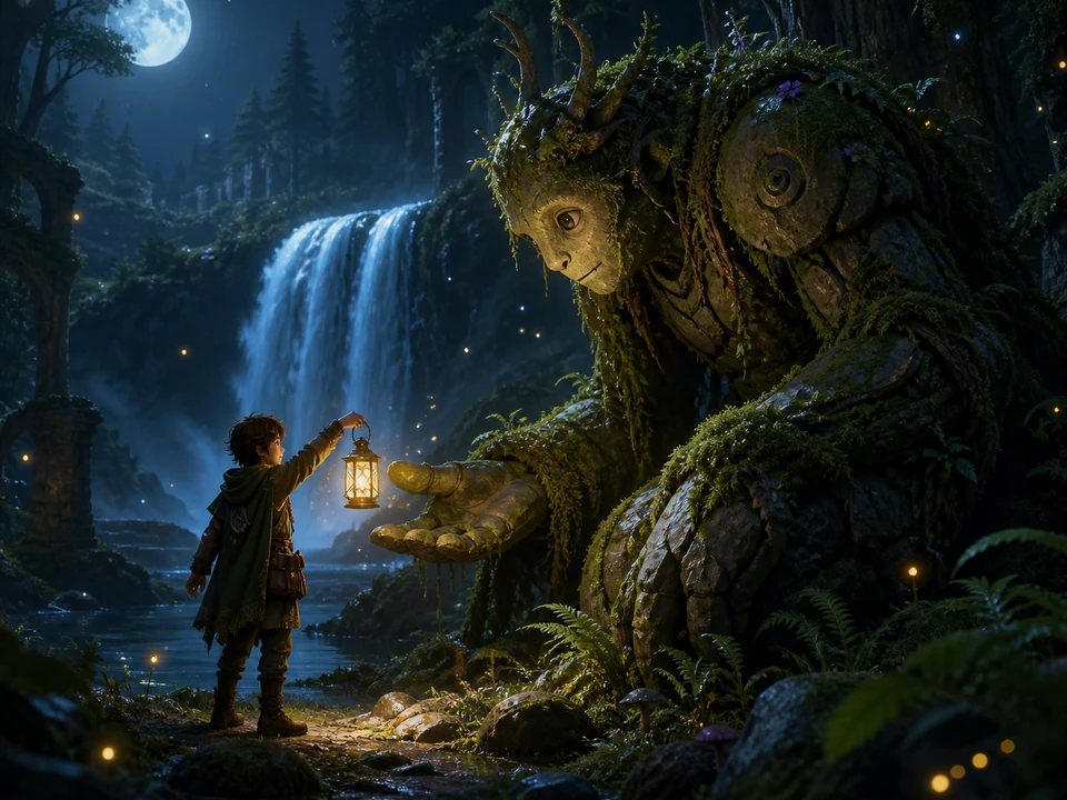 Ranger calming a moss-covered forest guardian beside a moonlit waterfall