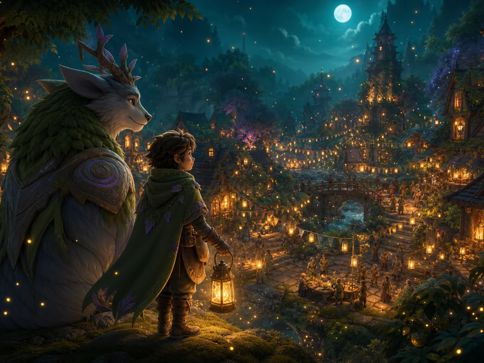 Ranger and guardian overlooking a restored village festival filled with fireflies