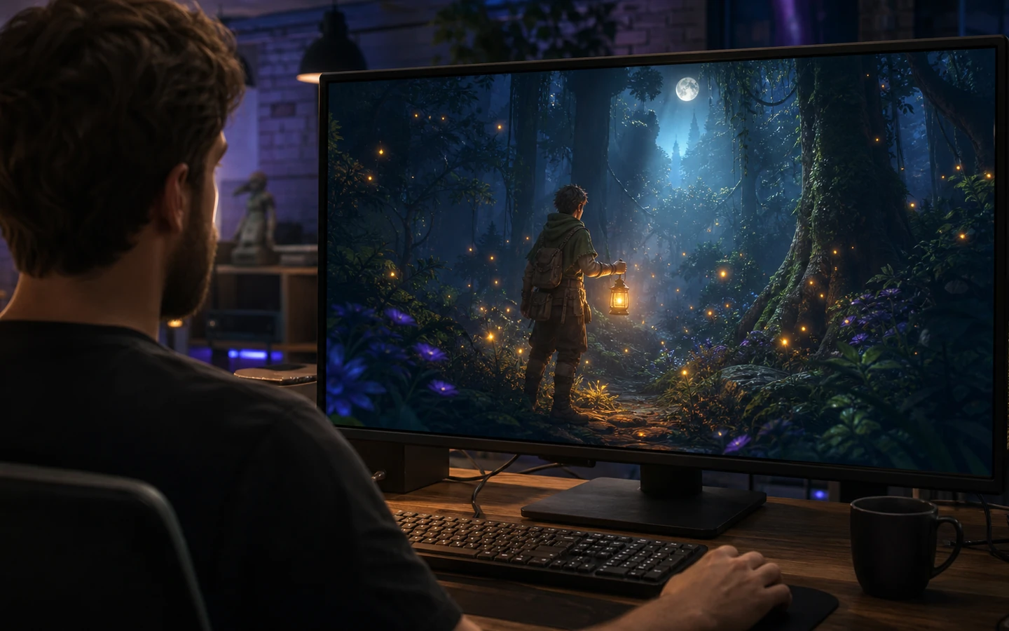 Game creator reviewing the original luminous forest adventure scene in a studio