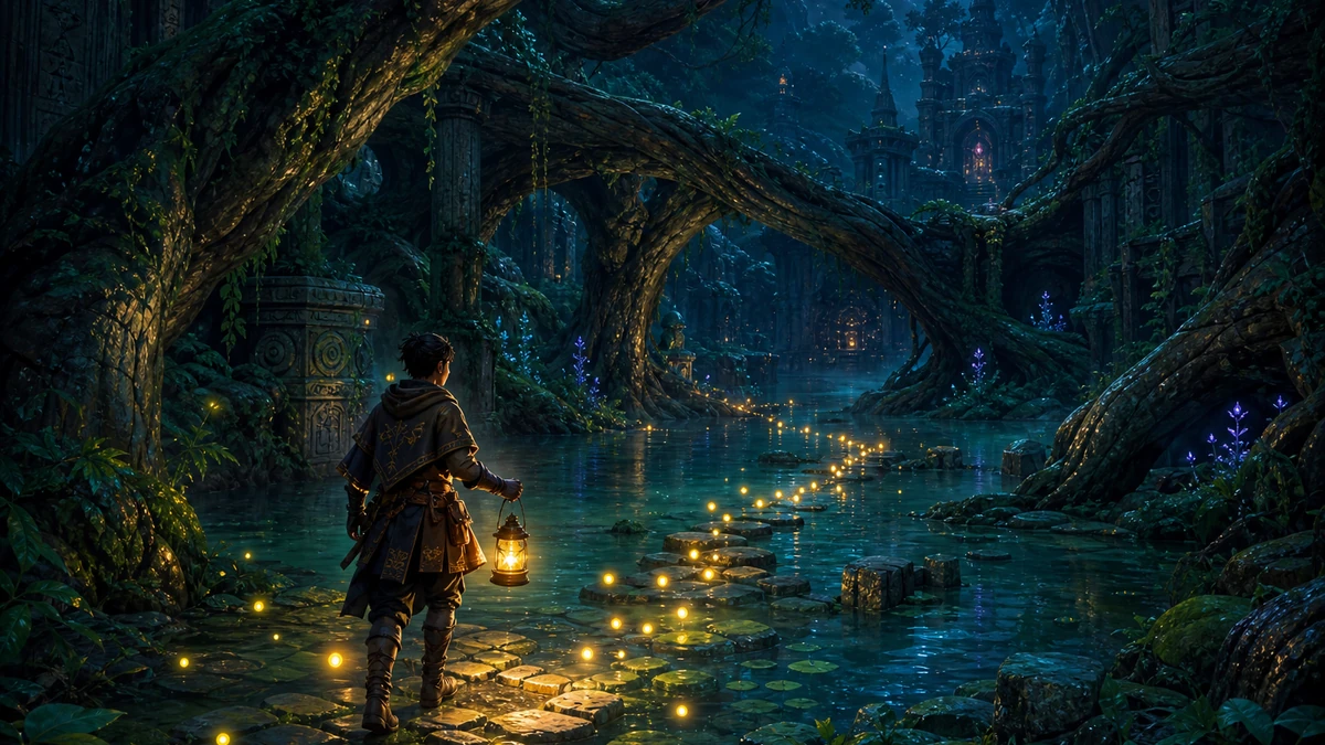 Ranger following a firefly trail through giant roots and shallow glowing water