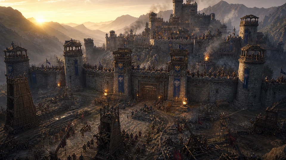 Physical in-world kit representing fortress walls, defender positions, gates, towers, and approach lanes, arranged coherently in the same visual direction