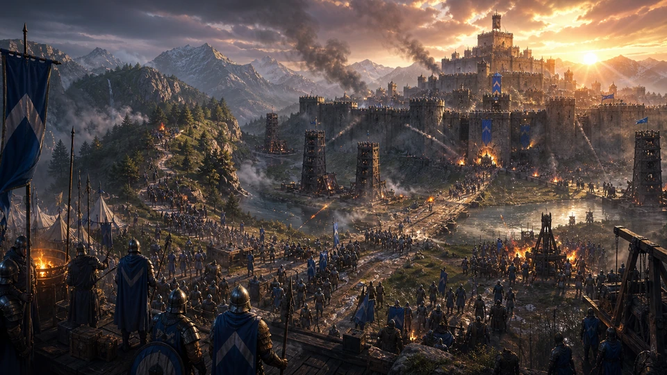 Wide final scene showing start, escalation, route choices, and finish for the Unity Fortress Siege prototype
