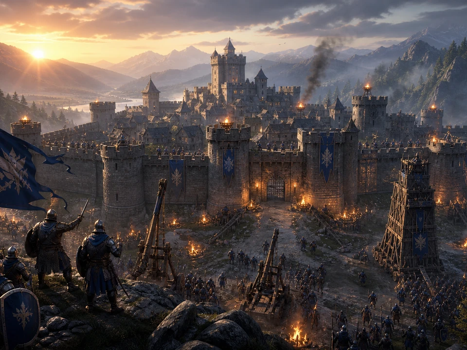 Wide three-quarter 3D gameplay scene of fortress walls, defender positions, gates, towers, and approach lanes in a coherent stylized medieval valley fortress with stone walls, original defenders, siege towers, catapults, banners, firelight, and dramatic dawn world, no interface