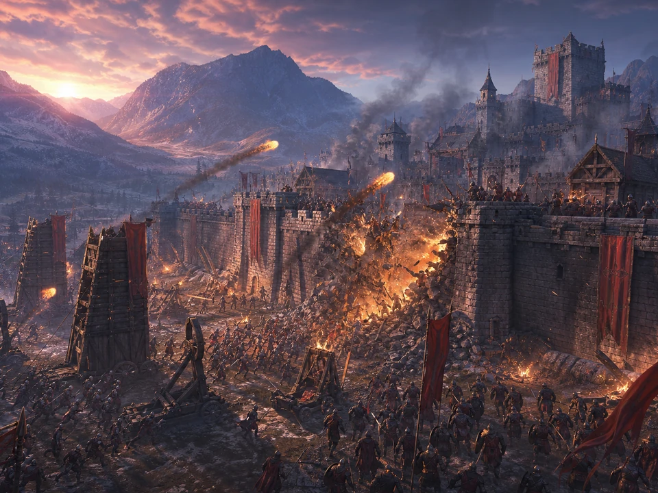 Action moment showing siege towers, catapult impacts, enemy waves, and breached defenses resolving clearly in the same stylized medieval valley fortress with stone walls, original defenders, siege towers, catapults, banners, firelight, and dramatic dawn world, no text