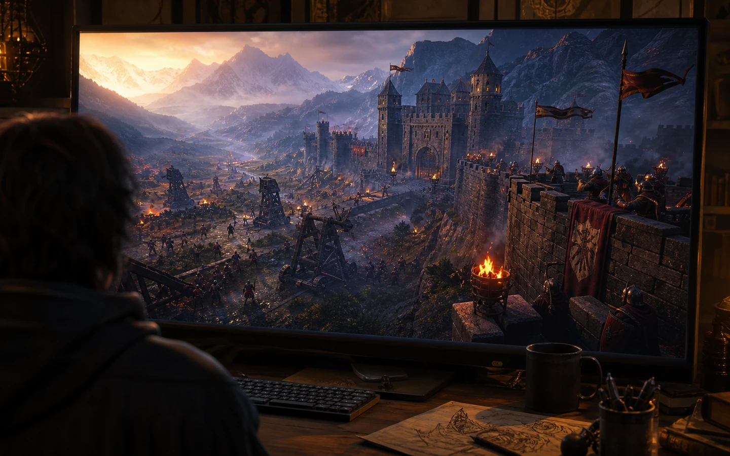 Over-the-shoulder game creator reviewing the original Unity Fortress Siege scene in a professional game workspace on a large monitor, scene viewport dominant, tool controls abstract and unreadable