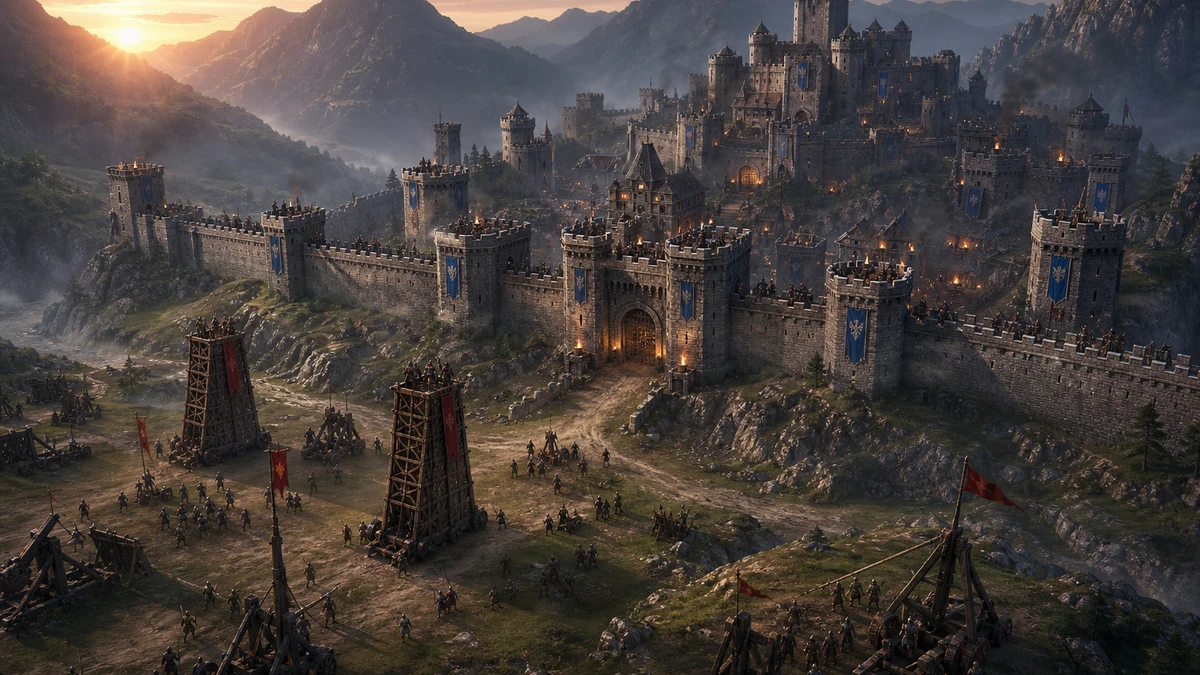 Clear playable layout showing fortress walls, defender positions, gates, towers, and approach lanes with readable spacing, camera, and route in the same world