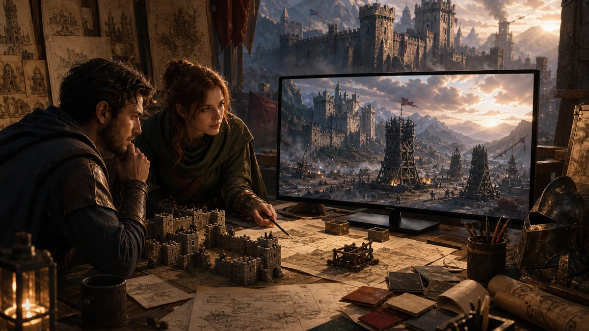 Two game creators reviewing physical design references and the original Unity Fortress Siege scene on a monitor, no readable labels