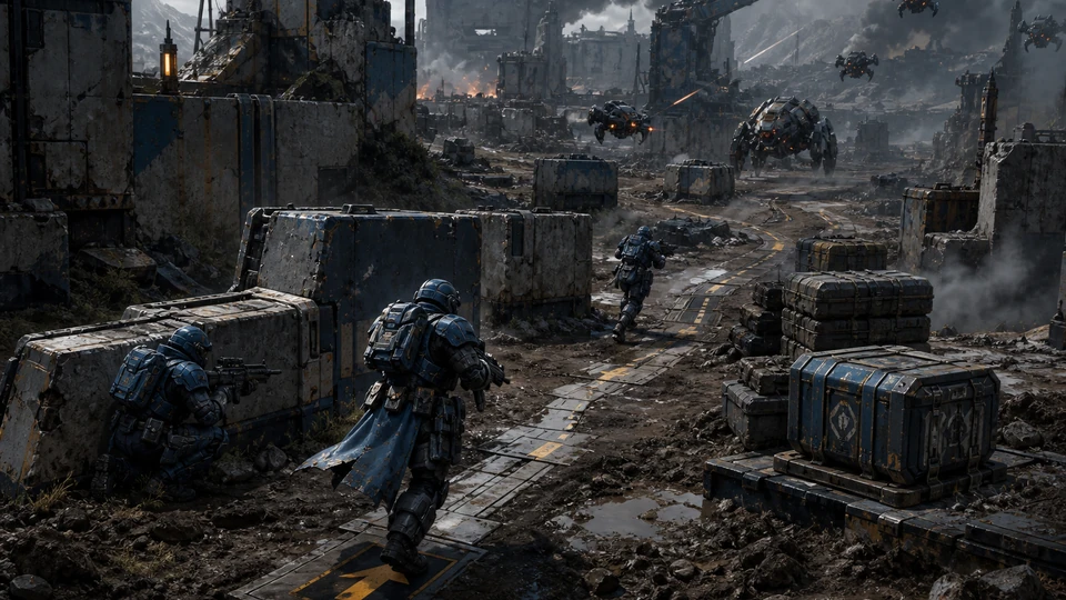 Physical in-world kit representing squad silhouettes, concrete cover, supply pickups, and objective routes, arranged coherently in the same visual direction