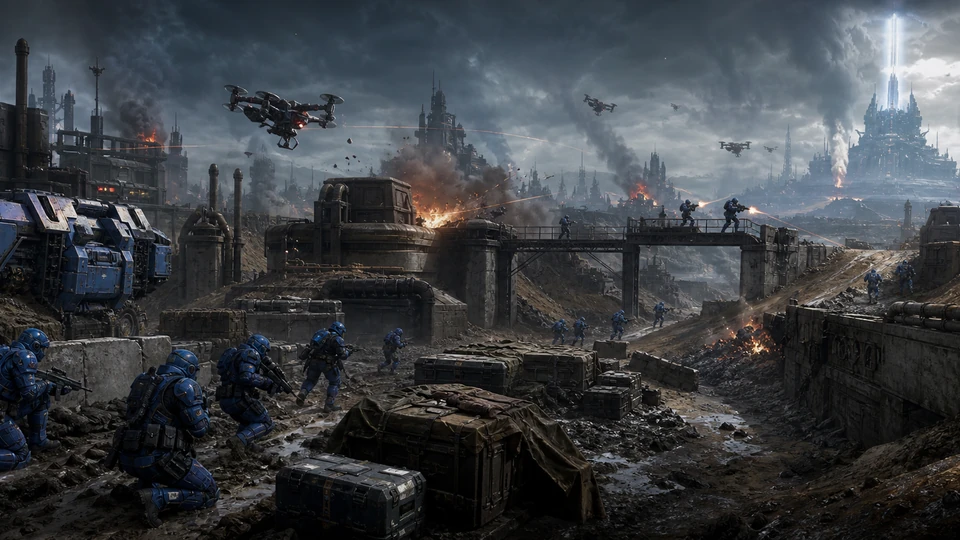 Wide final scene showing start, escalation, route choices, and finish for the Unity Frontline Charge prototype