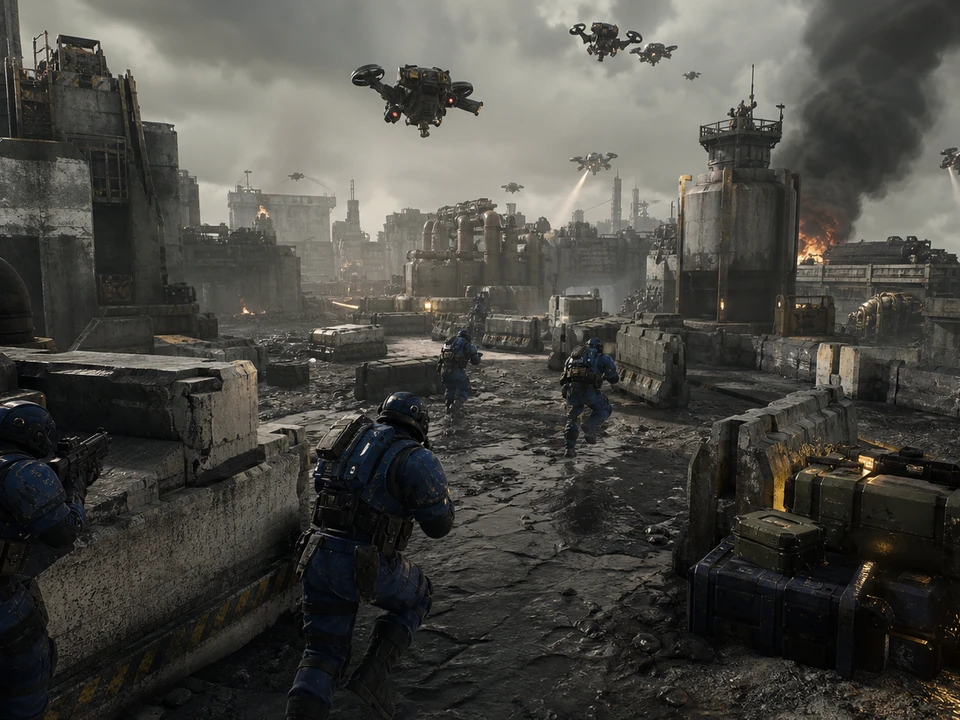 Wide three-quarter 3D gameplay scene of squad silhouettes, concrete cover, supply pickups, and objective routes in a coherent stylized dieselpunk battlefield with an original blue-armored squad, concrete cover, supply crates, enemy drones, smoke, and overcast cinematic light world, no interface