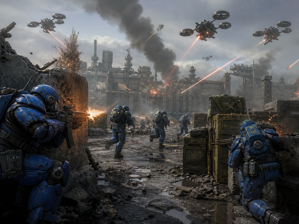 Action moment showing enemy drones, incoming fire, smoke, and exposed crossings resolving clearly in the same stylized dieselpunk battlefield with an original blue-armored squad, concrete cover, supply crates, enemy drones, smoke, and overcast cinematic light world, no text