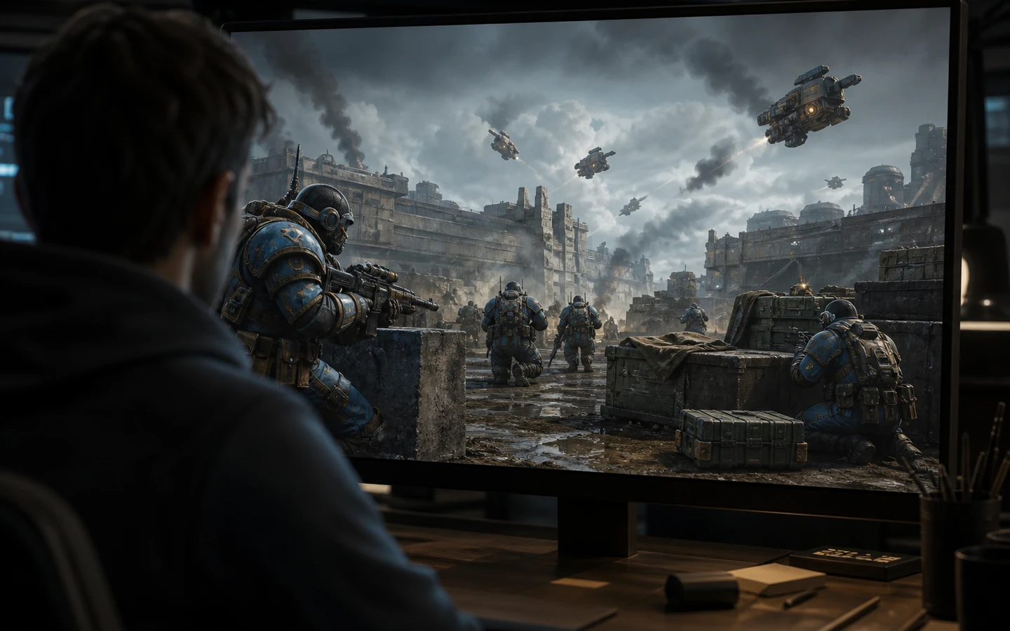 Over-the-shoulder game creator reviewing the original Unity Frontline Charge scene in a professional game workspace on a large monitor, scene viewport dominant, tool controls abstract and unreadable