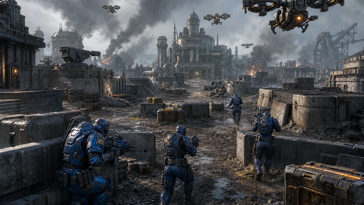 Clear playable layout showing squad silhouettes, concrete cover, supply pickups, and objective routes with readable spacing, camera, and route in the same world