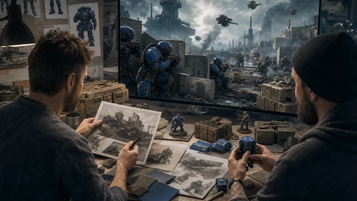 Two game creators reviewing physical design references and the original Unity Frontline Charge scene on a monitor, no readable labels