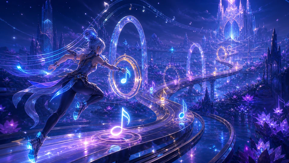 Physical in-world kit representing glowing notes, curved music rails, timing gates, and luminous landmarks, arranged coherently in the same visual direction
