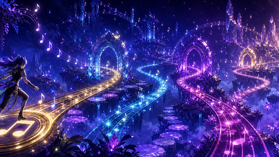 Wide final scene showing start, escalation, route choices, and finish for the Unity Glow Notes prototype