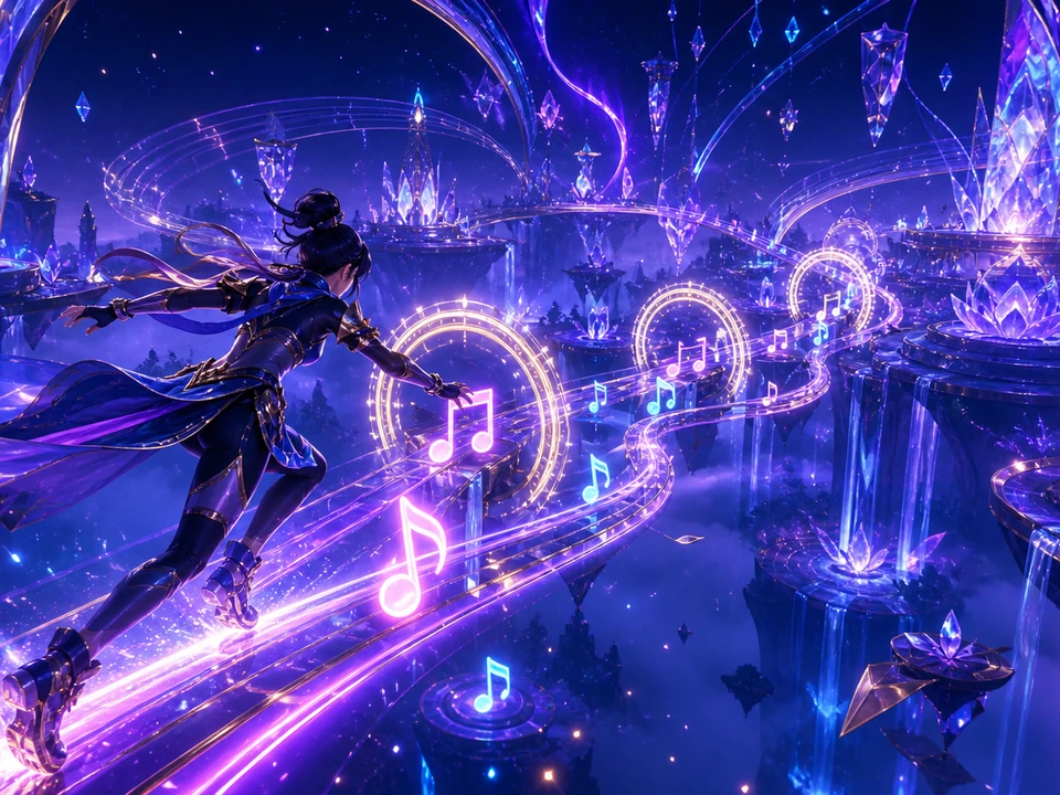 Wide three-quarter 3D gameplay scene of glowing notes, curved music rails, timing gates, and luminous landmarks in a coherent luminous abstract music garden with an original agile performer, floating neon notes, glowing rails, crystal arches, particles, and deep indigo light world, no interface