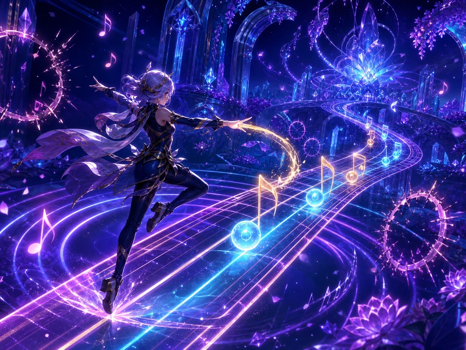 Action moment showing note sequences, pulse waves, collection trails, and missed timing windows resolving clearly in the same luminous abstract music garden with an original agile performer, floating neon notes, glowing rails, crystal arches, particles, and deep indigo light world, no text