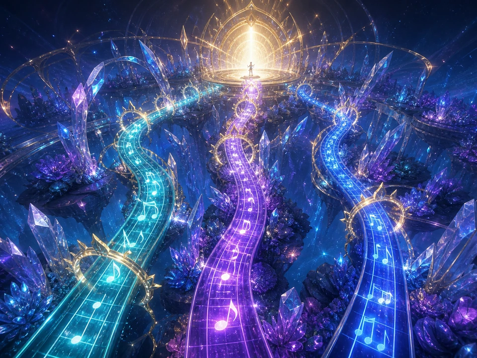 Hero moment where sequence speed, note spacing, and route complexity escalates around the player in the same coherent world, no HUD
