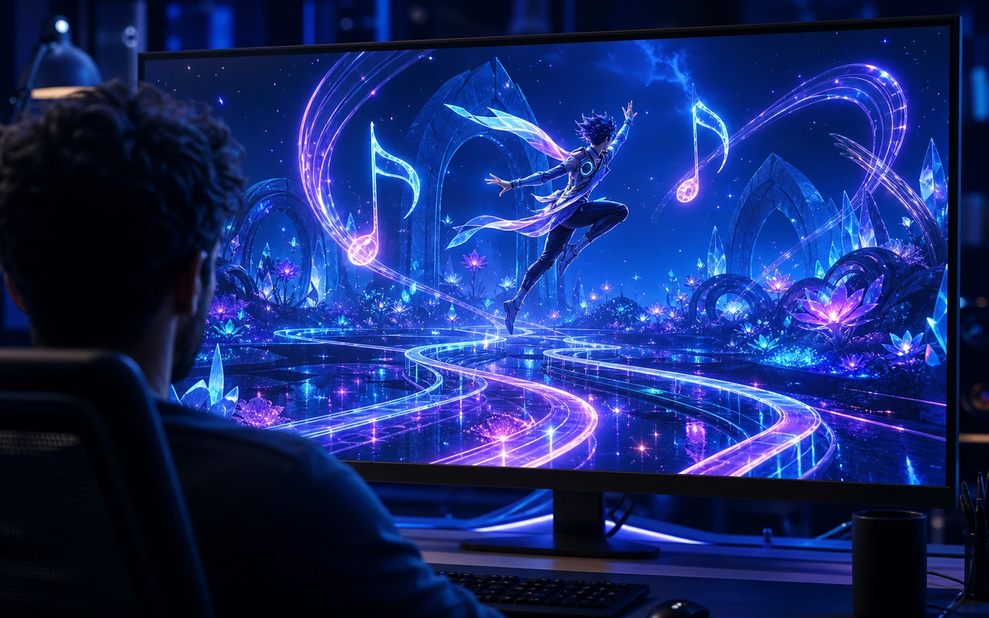 Over-the-shoulder game creator reviewing the original Unity Glow Notes scene in a professional game workspace on a large monitor, scene viewport dominant, tool controls abstract and unreadable