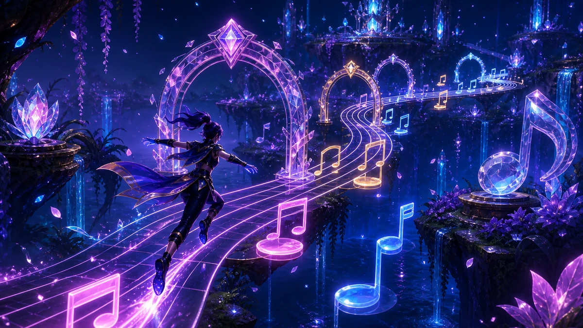 Clear playable layout showing glowing notes, curved music rails, timing gates, and luminous landmarks with readable spacing, camera, and route in the same world