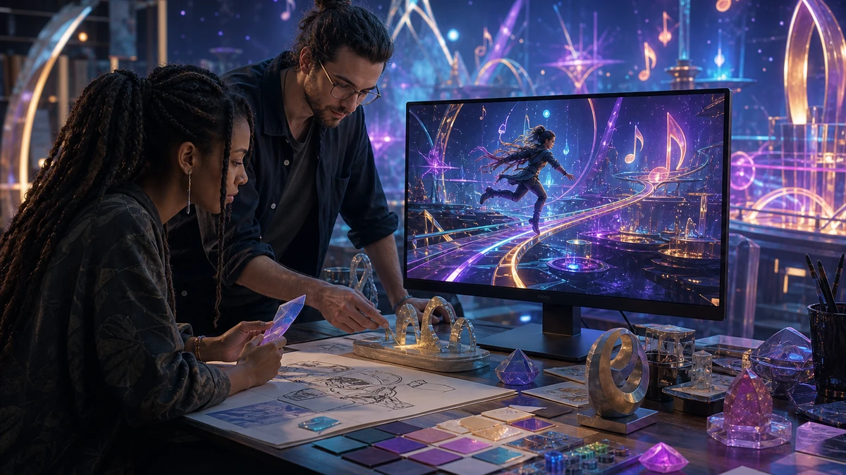 Two game creators reviewing physical design references and the original Unity Glow Notes scene on a monitor, no readable labels
