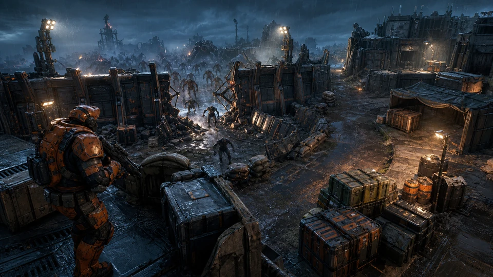 Physical in-world kit representing breach barricade, defender positions, resource crates, and fallback lanes, arranged coherently in the same visual direction