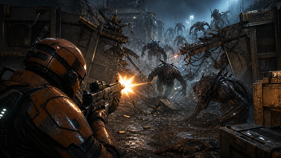 Close action view showing feedback from creature waves, failing barriers, muzzle flashes, and closing pressure with material and motion detail