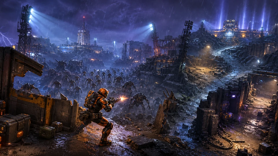 Wide final scene showing start, escalation, route choices, and finish for the Unity Horde Breach prototype