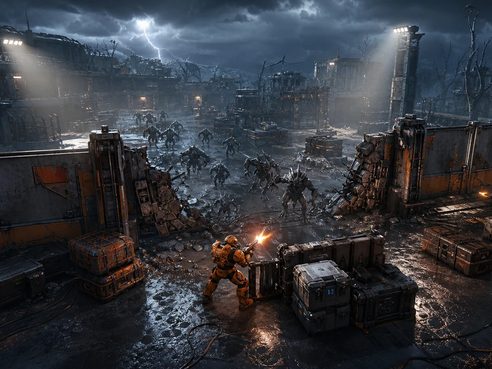 Wide three-quarter 3D gameplay scene of breach barricade, defender positions, resource crates, and fallback lanes in a coherent stylized ruined sci-fi settlement with an original orange-armored defender, breached metal barricade, shadowy creatures, resource crates, floodlights, and stormy night world, no interface