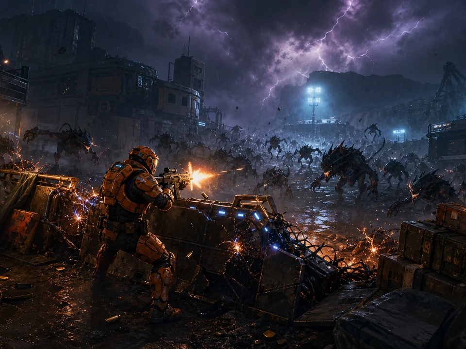 Action moment showing creature waves, failing barriers, muzzle flashes, and closing pressure resolving clearly in the same stylized ruined sci-fi settlement with an original orange-armored defender, breached metal barricade, shadowy creatures, resource crates, floodlights, and stormy night world, no text